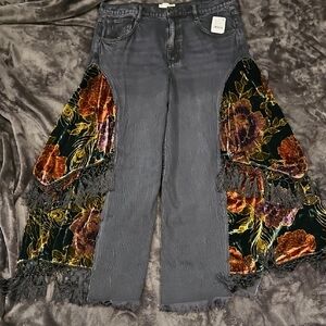 We The Free Black Just Frills Floral Velvet Fringe Jeans
